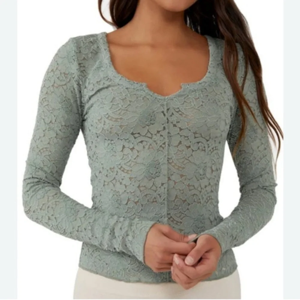 NWOT | Free People | Cloud Ride | Lace | Notch Neck | LS | Sage | XS